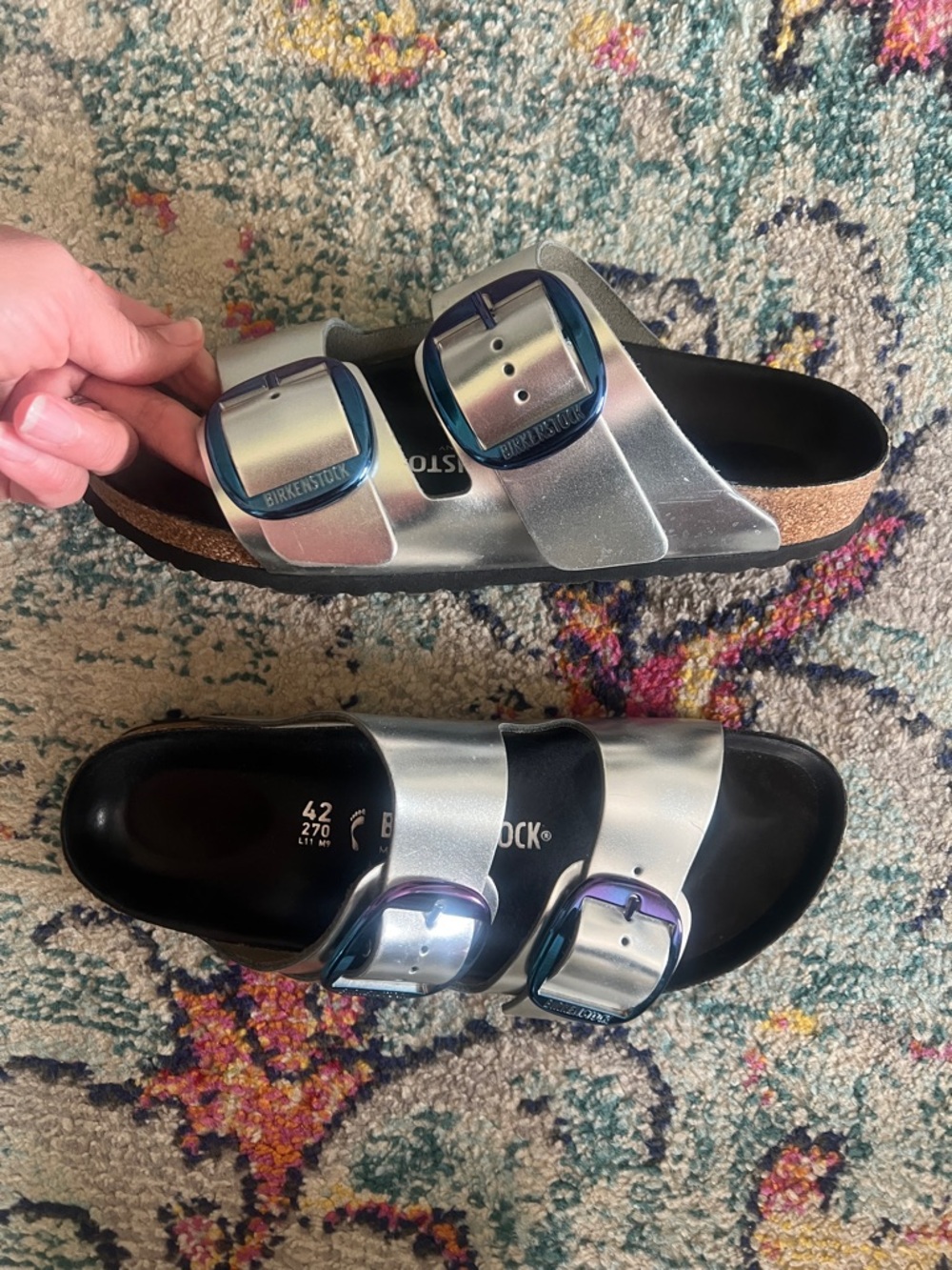 Arizona Big Buckle Lena iridescent purple blue & Silver metallic Leather Sandals - Picture 4 of 8